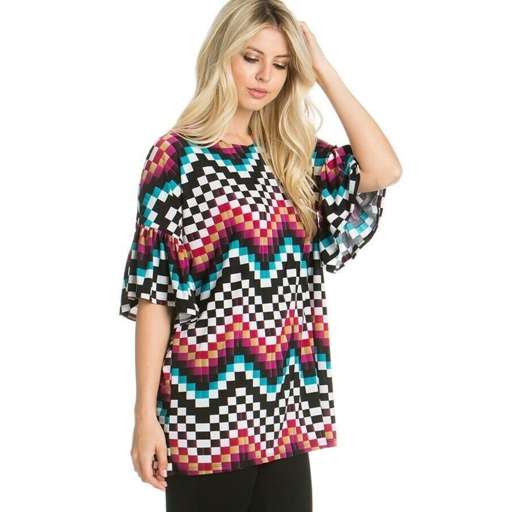 AZULES O'Neck Small Red Chevron Print Bell Sleave Popover Top